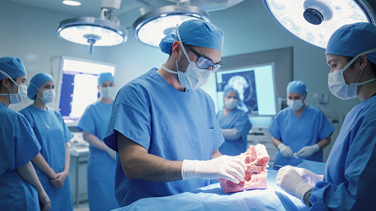 Chirurg provádí operaci čelisti v moderní nemocnici s digitálními technologiemi.