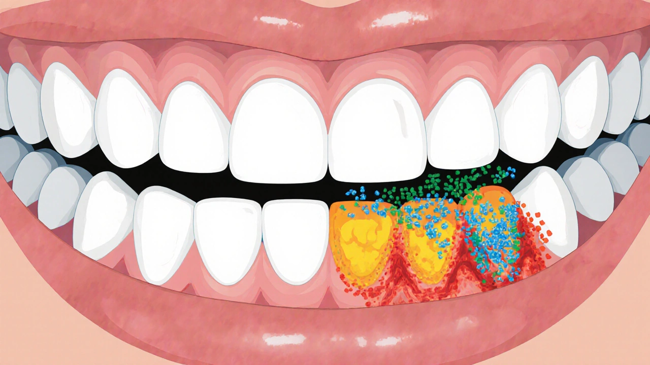 Ilustrace ukazující plak a zánět dásní kolem mezery mezi zuby.