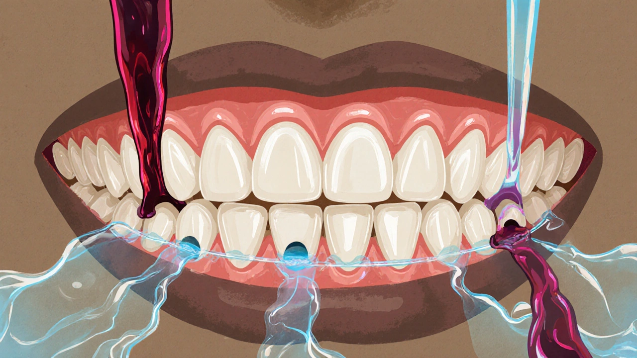 Mikroskopické póry v zubech přijímají barviva, voda je obklopuje.