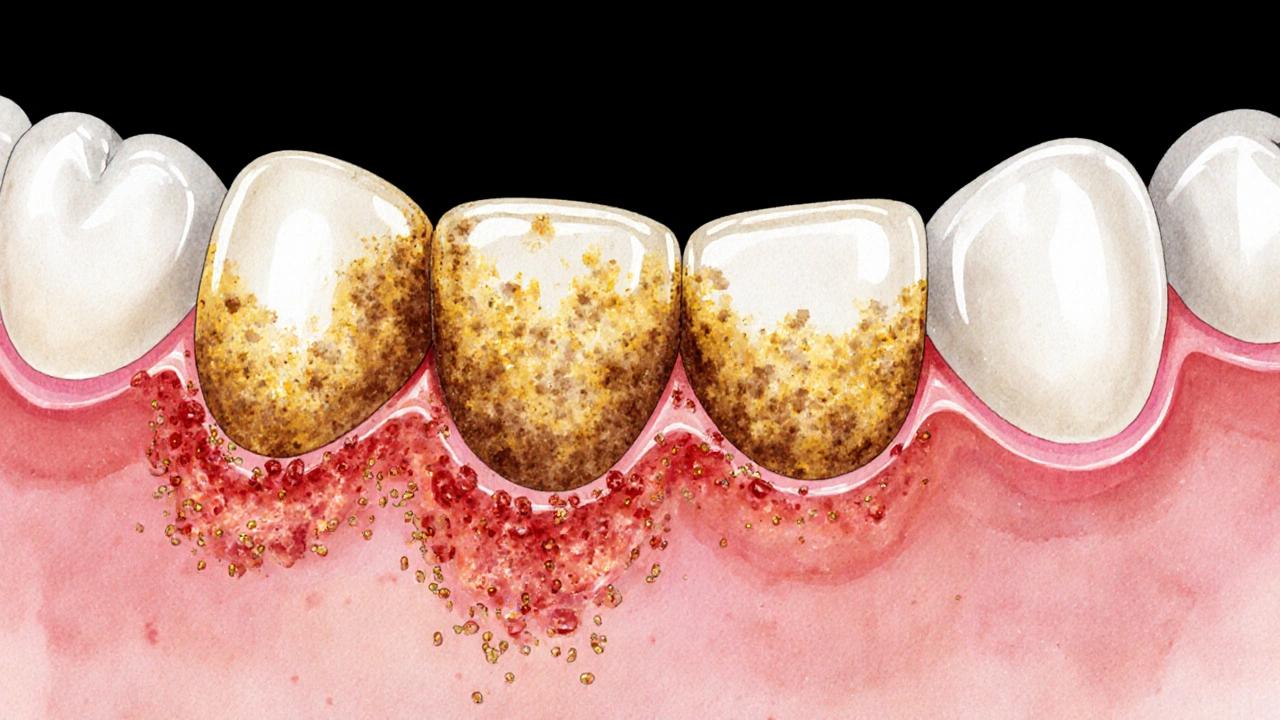 Přehled zubního kameně a zánětu dásní u dítěte v srovnání se zdravými zuby.