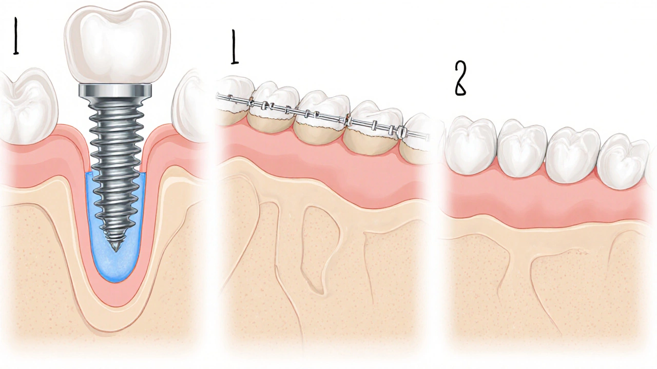 Průřez čelistí ukazuje implantát, most a částečnou protézu.