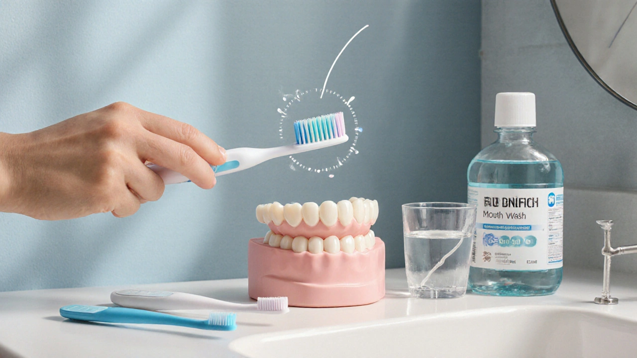 Ranní hygiena: kartáček, mezizubní kartáček, nit a ústní voda na koupelnovém pultu.