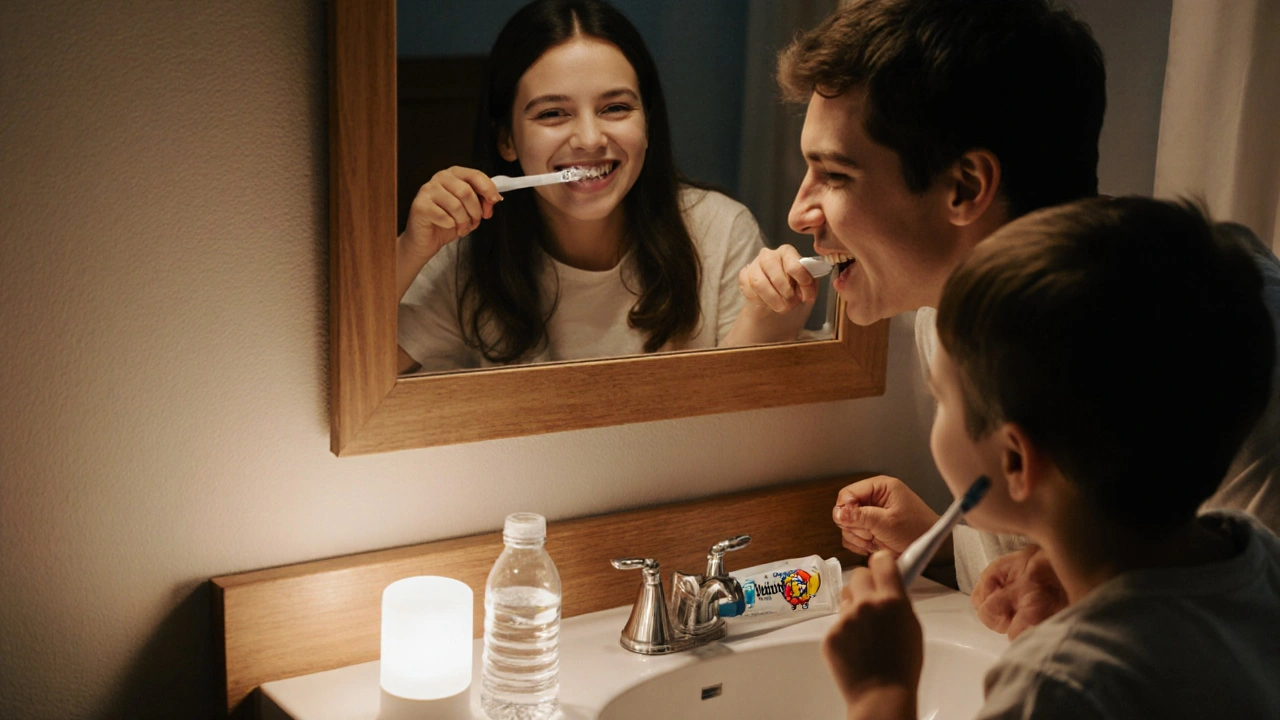 Rodič a dítě společně čistí zuby ve večerní atmosféře domova.
