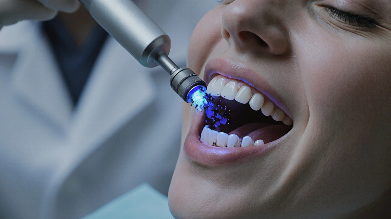 Zubař používá ultrazvukový scaler k odstranění černého kamene z molárů.