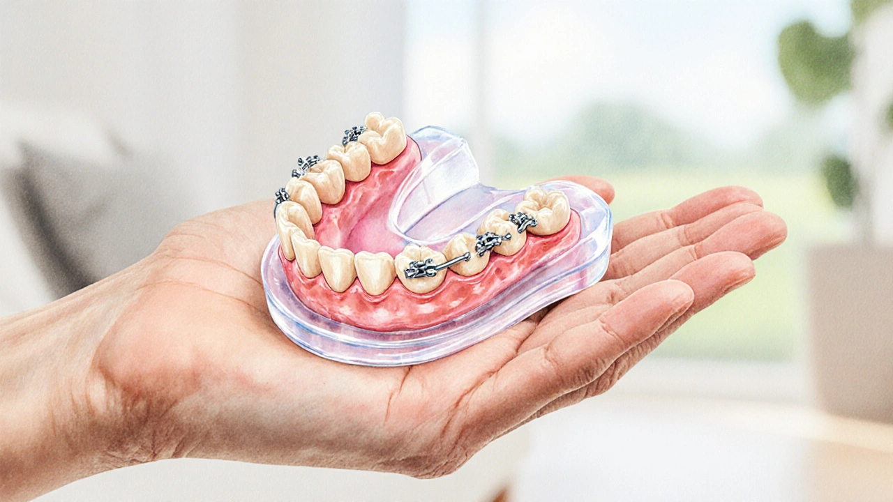 Částečná zubní protéza ležící na dlaní s kovovými háčky.