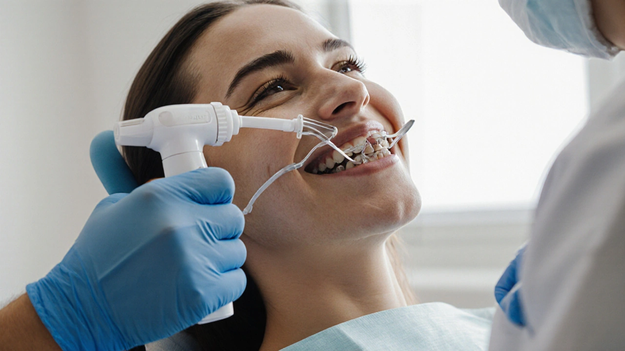 Dentista ukazuje pacientovi s bracetky, jak správně používat ústní sprchu.