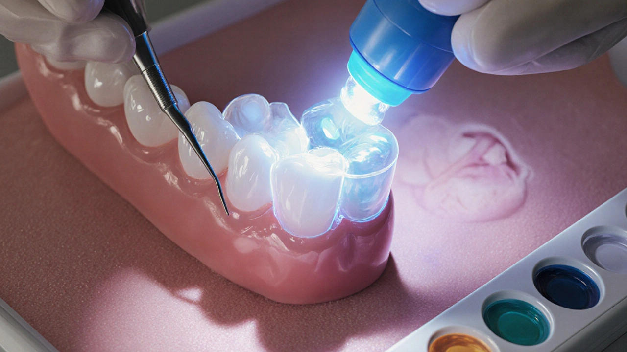 Detail zubu během opravy kompozitní výplní pod modrým světlem.