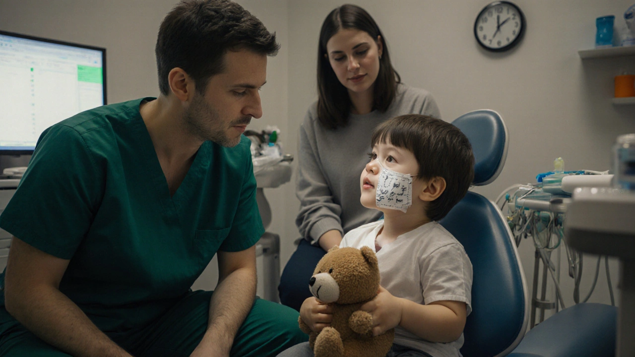 Dětský zubní lékař pomáhá dítěti v nouzové ordinaci s chladným obkladem na tváři.