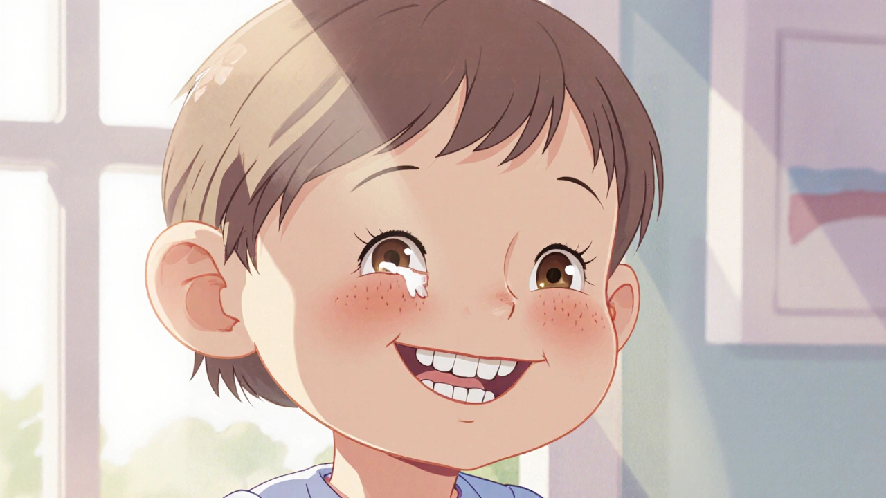 Dítě se vypadávajícím mléčným řezákem a novým trvalým molárem za ním.