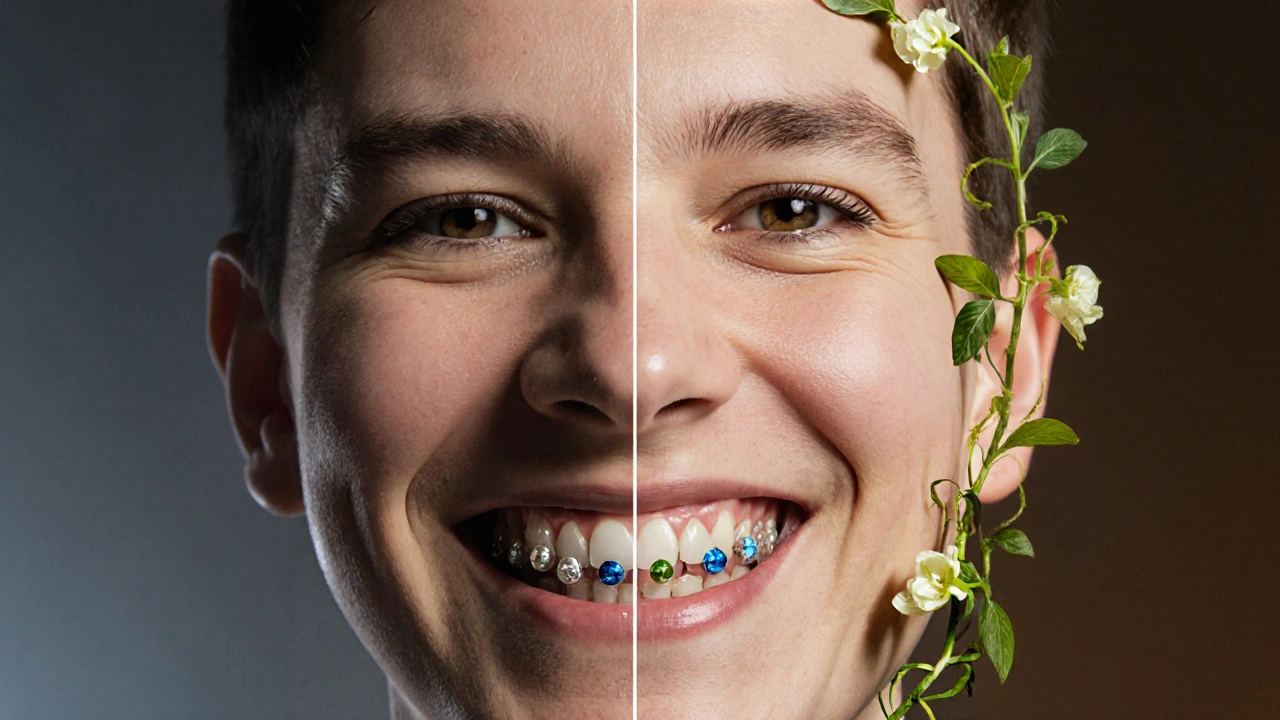 Dvě strany obličeje: jedna s kovovými rovnátky, druhá s neviditelnými a zdravými zuby.