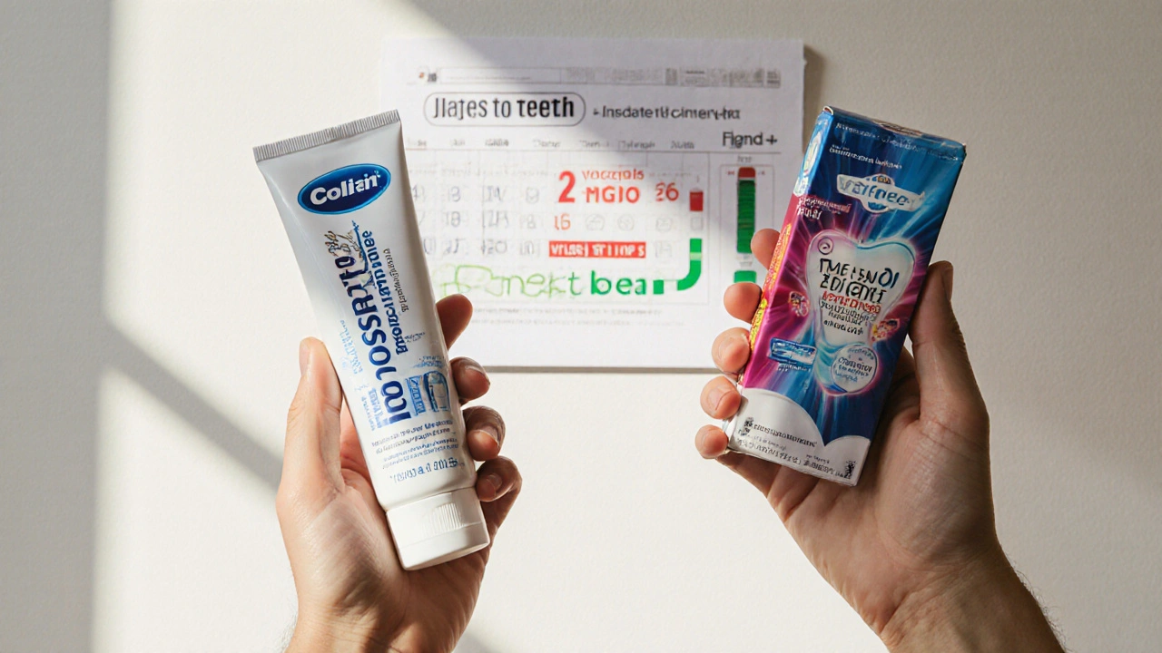 Dvě zubní pasty vedle sebe: jedna pro citlivé zuby, druhá domácí bělící, s kalendářem údržby.