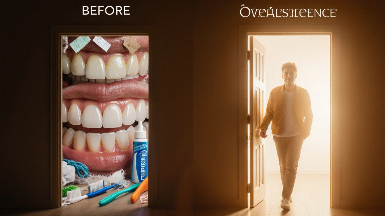 Dveře mezi před a po bělení: špatné zuby a koupelna na jedné straně, čisté zuby a hygiena na druhé.