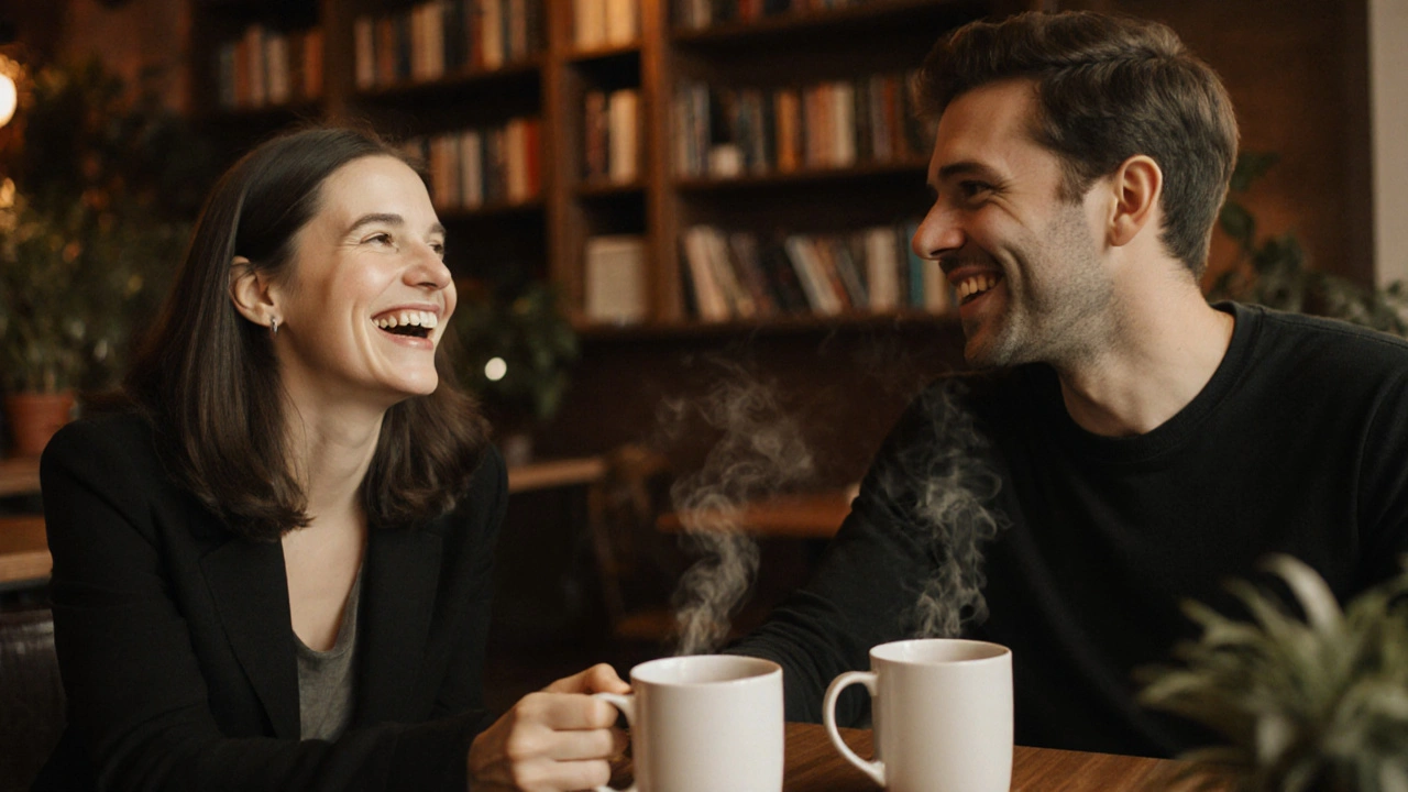 Dvojice v kavárně se směje — žena má průhledná rovnátka, muž se dívá do jejích očí.