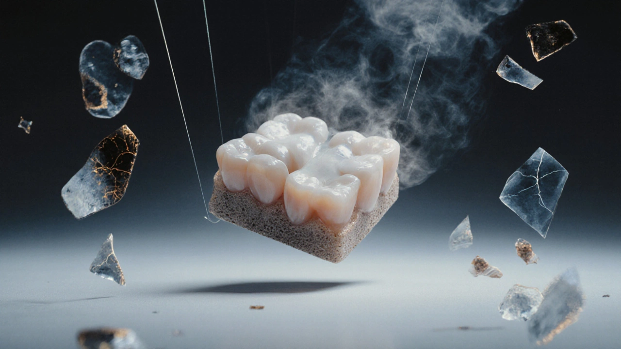 Floating ceramic veneer with microscopic details and dissolving imperfections around it.