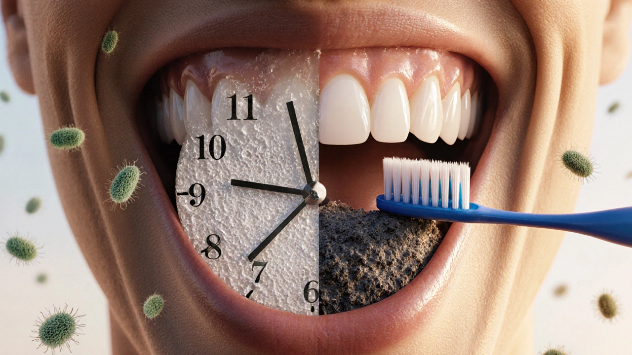 Hodiny v čelisti ukazující postupný růst zubního plaku během 24 hodin.