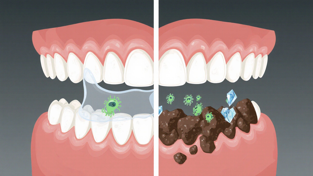 Ilustrace přechodu měkkého plaku na tvrdý zubní kámen s bakteriemi a minerály.