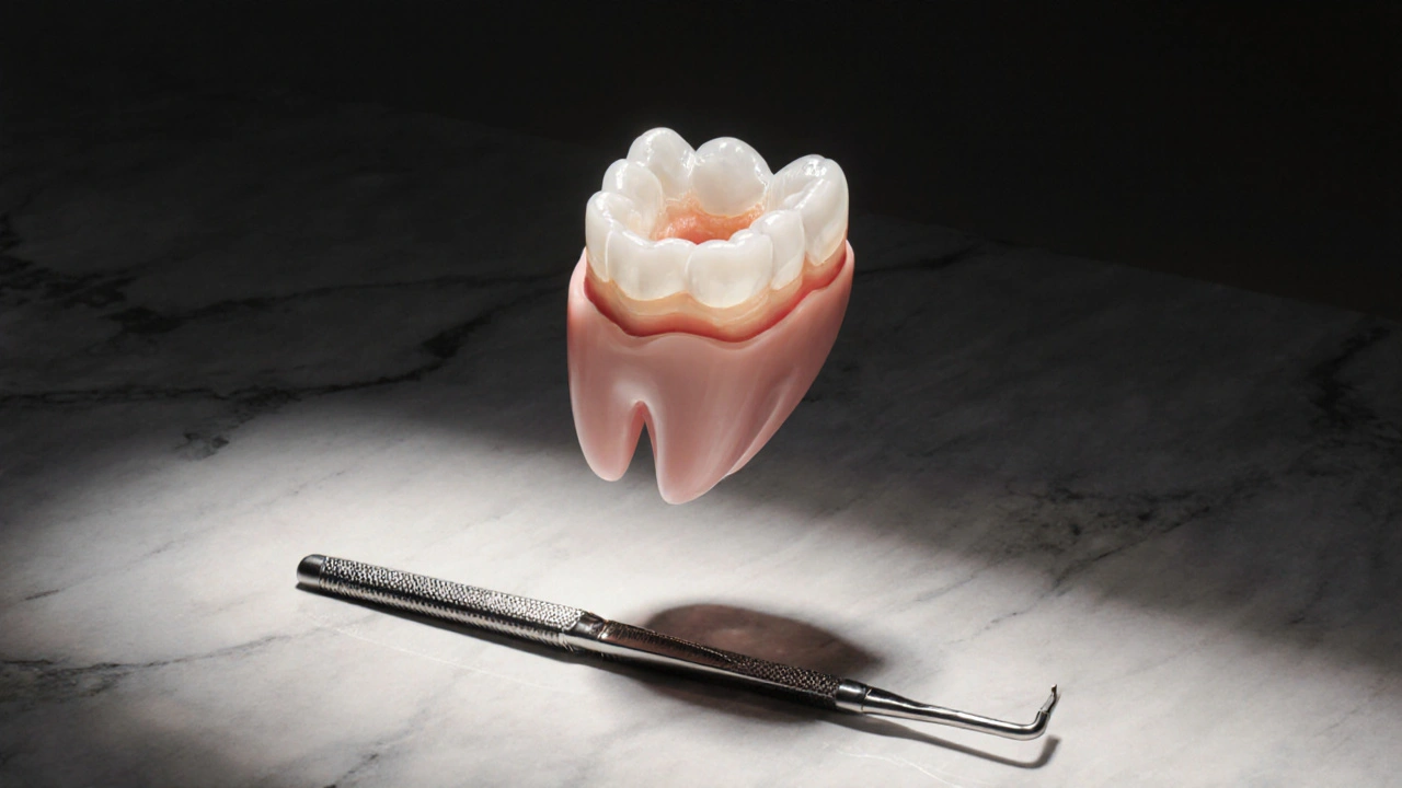 Jedna porcelánová fazeta ve vzduchu s viditelnou vrstvenou strukturou, jako přirozený zub.