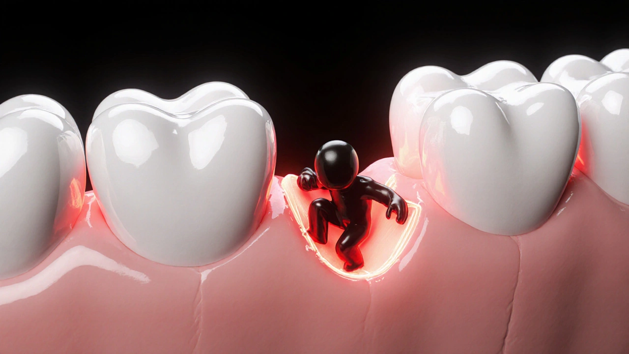 Koncepční obrázek tichého útočníka kazu mezi zuby, symbolizující neviditelnou hrozbu.