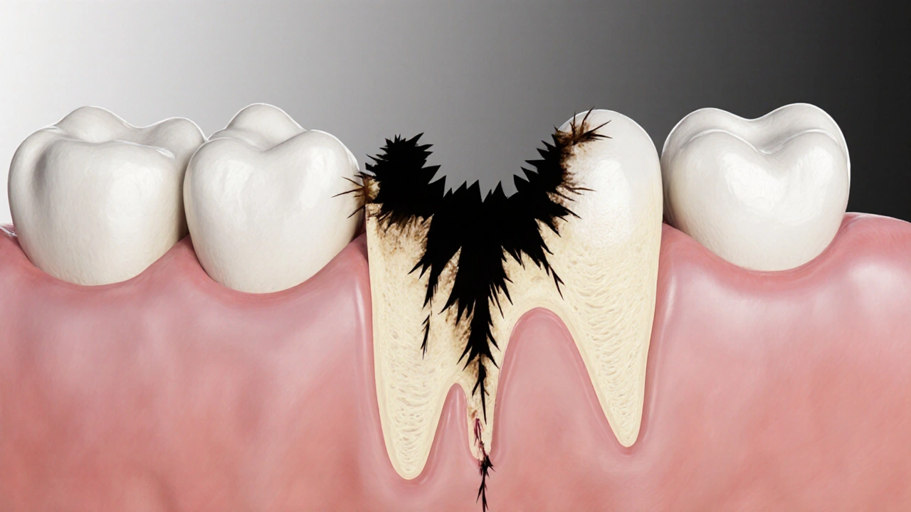 Křížový řez zubem s ukrytým poškozením, které se šíří směrem k zubní dřeni.