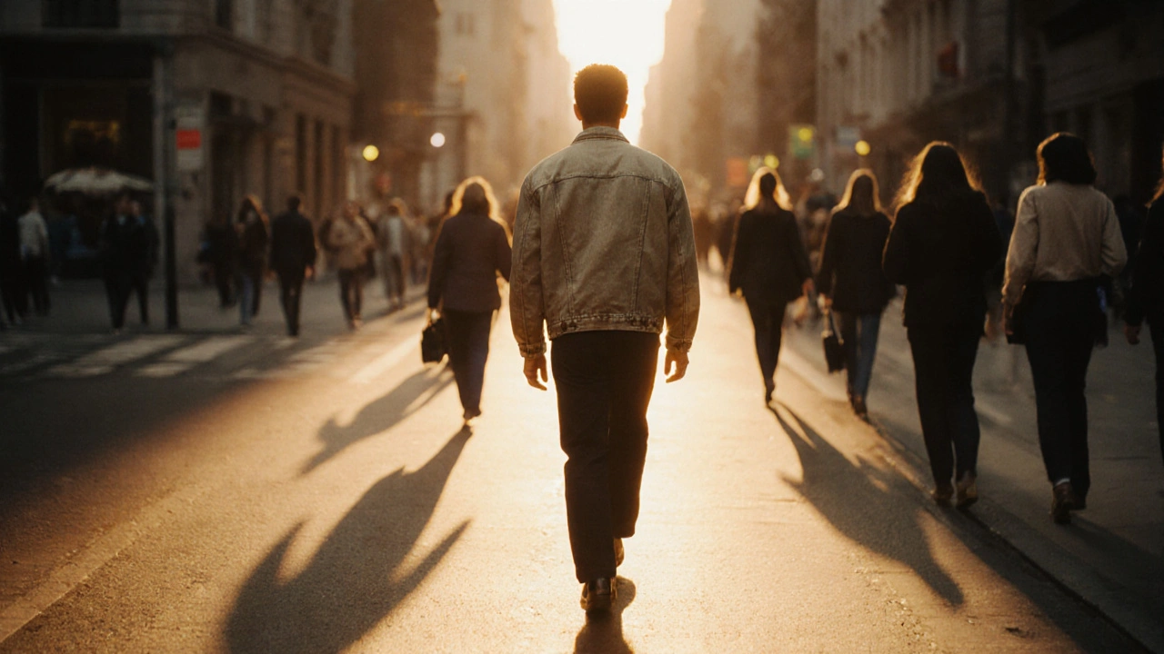 Muž chodí se jistotou ulicí v zlaté hodině, s pevnou postavou a úmyslně vybraným oblečením.