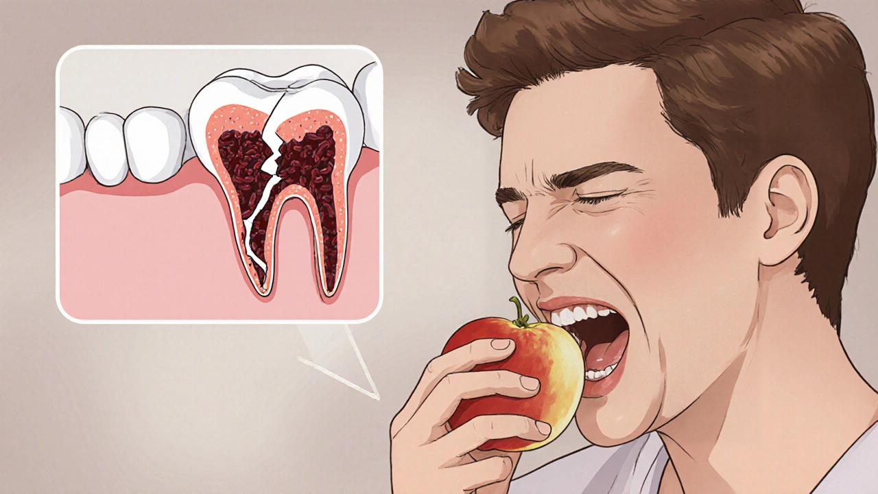 Osoba cítí bolest při kousnutí, viditelná prasklina v zubu