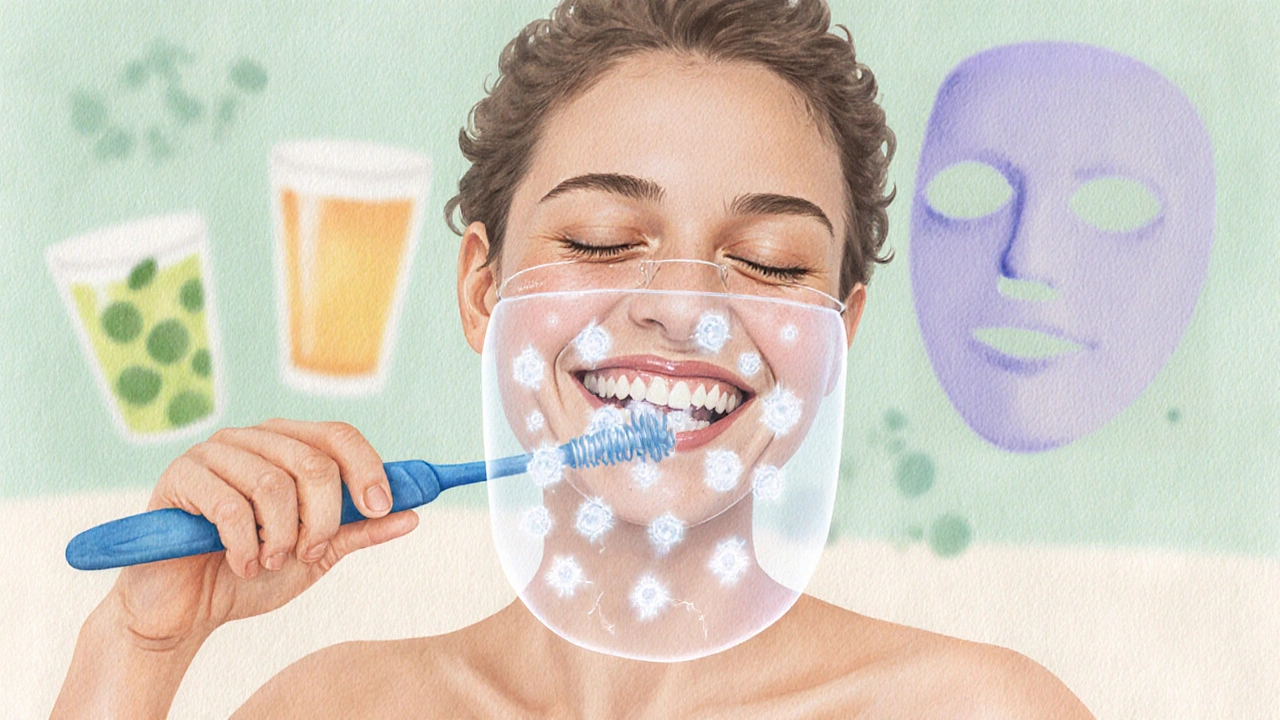 Osoba jemně čistí zuby měkkým kartáčkem, kolem zubů se objevuje fluoridová ochrana.