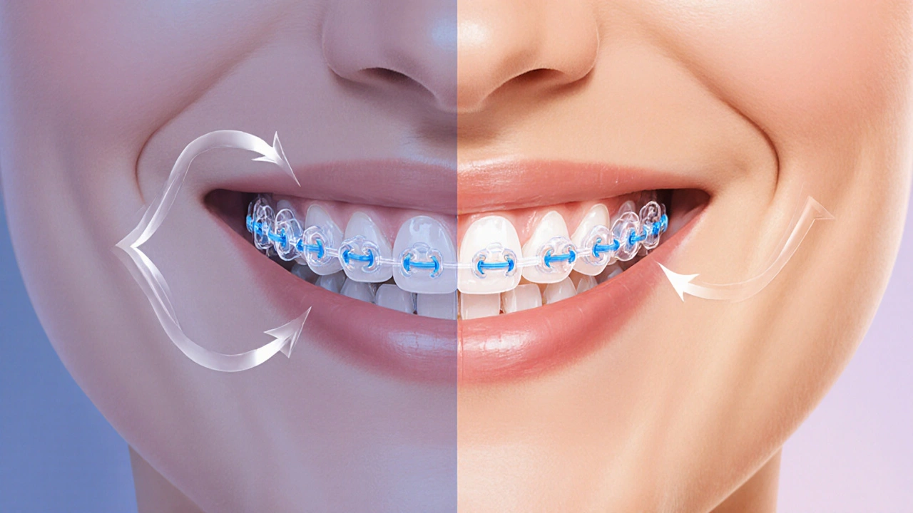 Patient wearing clear orthodontic aligners as teeth gradually move to close a diastema.
