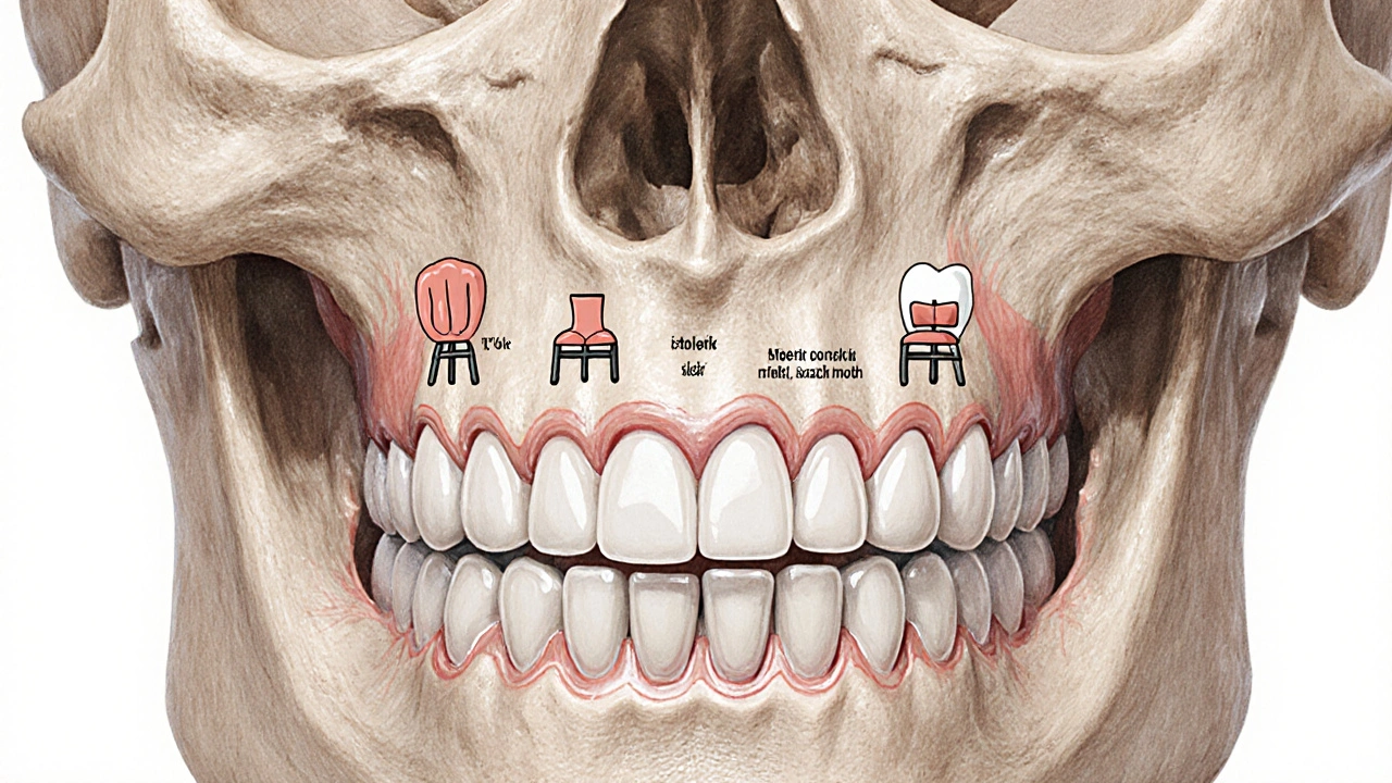 Pohled na čelist s čtyřmi trvalými stoličkami, každá s pěti hrbolky, jako malými žvýkacími stoličkami.