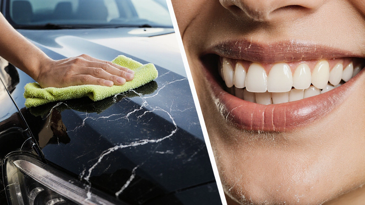 Porovnání čisté a poškozené zubní fazety jako luxusního auta a poškozeného auta.