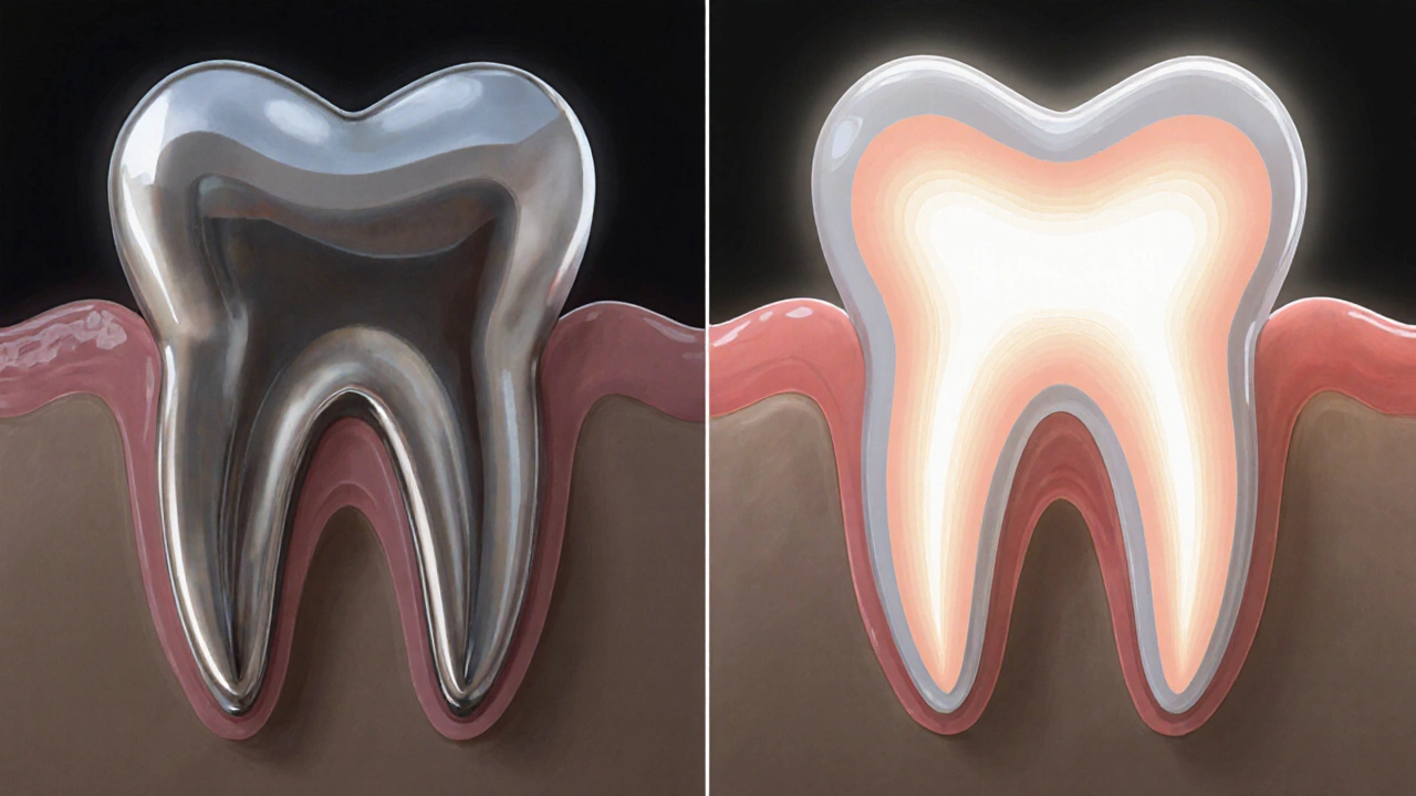 Porovnání kovové a zirkonové korunky s rozdílným chováním světla.