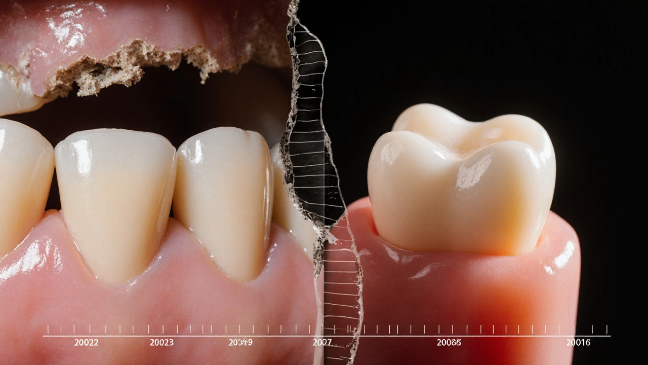 Porovnání trvalého implantátu a dočasného mostu pro chybějící zub.