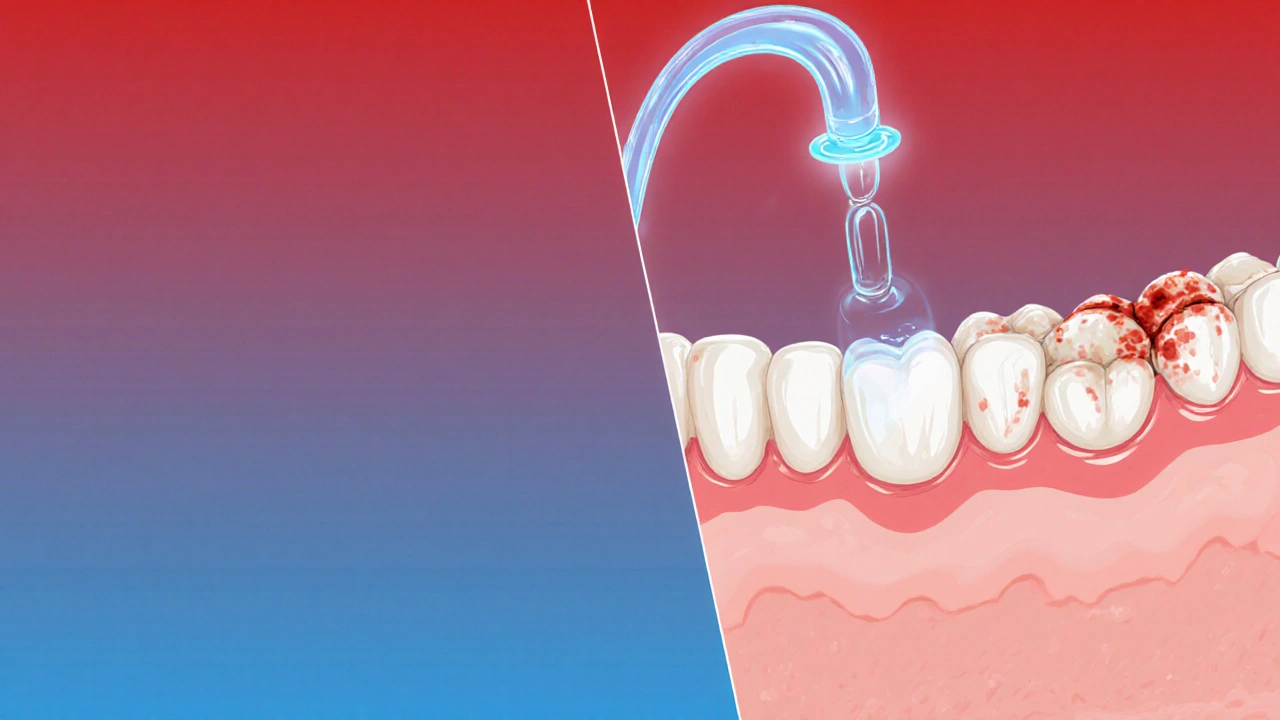 Porovnání zdravých a zánětlivých dásní s proudem vody mezi nimi.