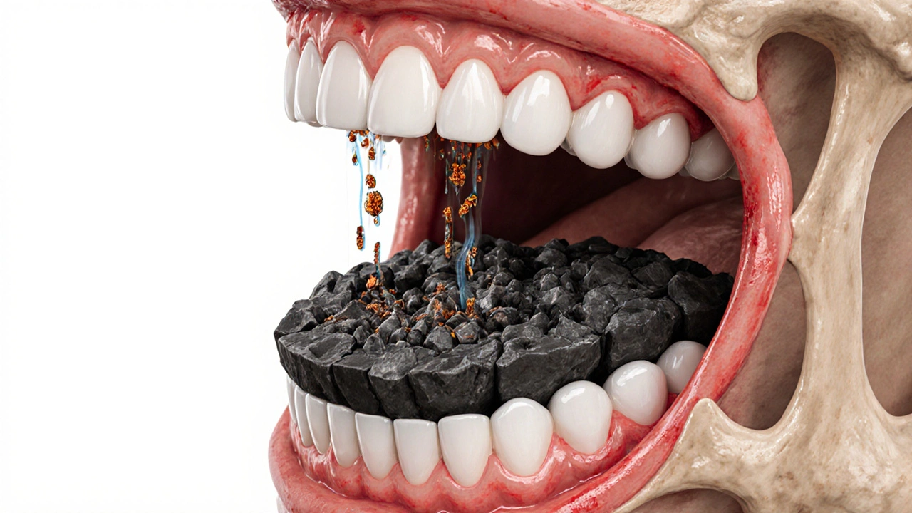 Průřez ústní dutiny s bakteriální kolonií v černém kameni a zánětem dásní.