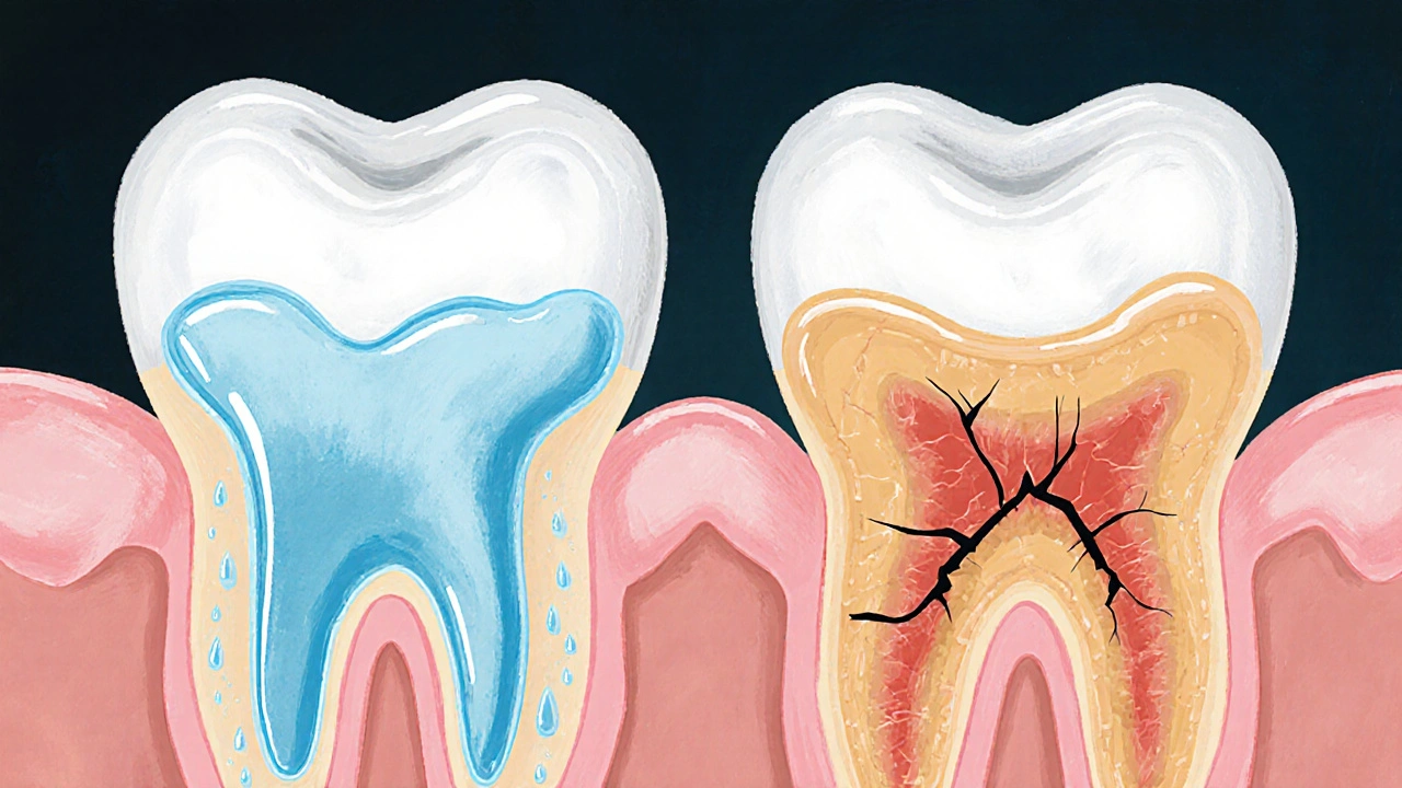 Průřez zubu ukazující zdravou sklovinku a poškozenou oblast s pronikáním bělící látky.