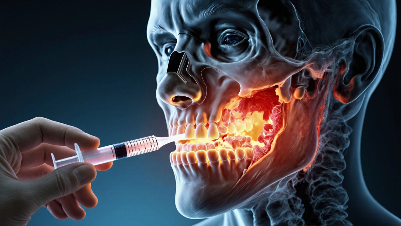 Rентгенový řez čelisti s infekcí šířící se k krku, léky v popředí.