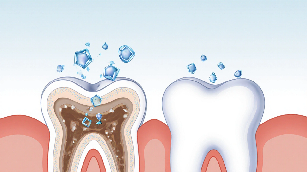 Řez zubem s molekulami peroxidu a fluoridem, které posilují sklovinku.