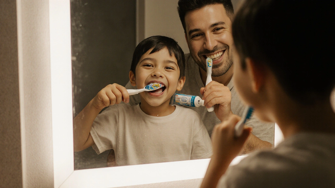 Rodič a dítě společně čistí zuby v koupelně, oba se usmívají do zrcadla.