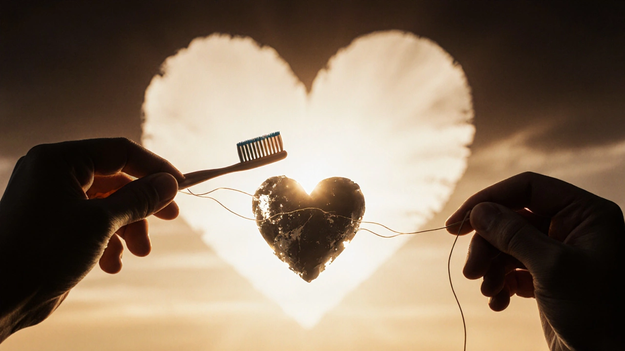 Ruce drží kartáček a nit, spojené světelnými vlákny se zdravým srdcem, za nimi tmu poškozeného.