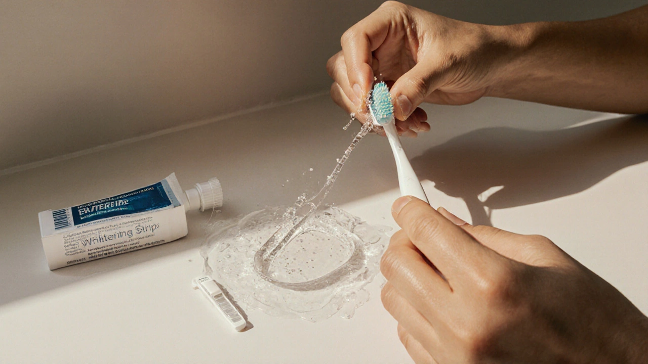 Ruka s kartáčkem čistící zuby vedle odhozené bělicí pásky a fluoridové pasty.