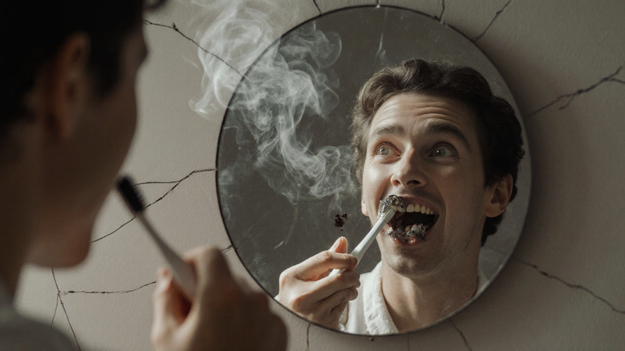 Rukou držený kartáček a zrcadlo s odrazem zubů pokrytých černým kamenem a kouřem.