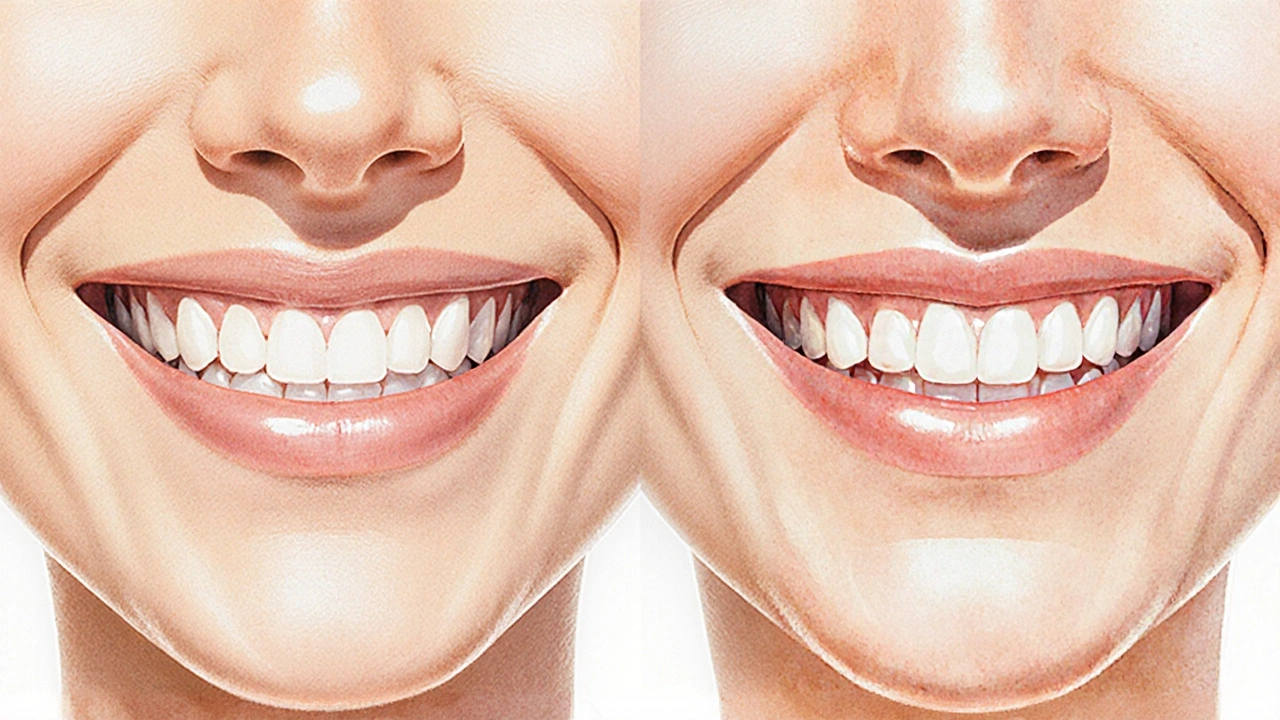 Side-by-side comparison of a natural smile and a transformed smile with veneers, rendered in soft watercolor.