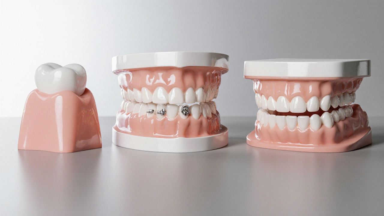 Side-by-side comparison of dental solutions: composite, inlay, and aligned teeth with retainer.