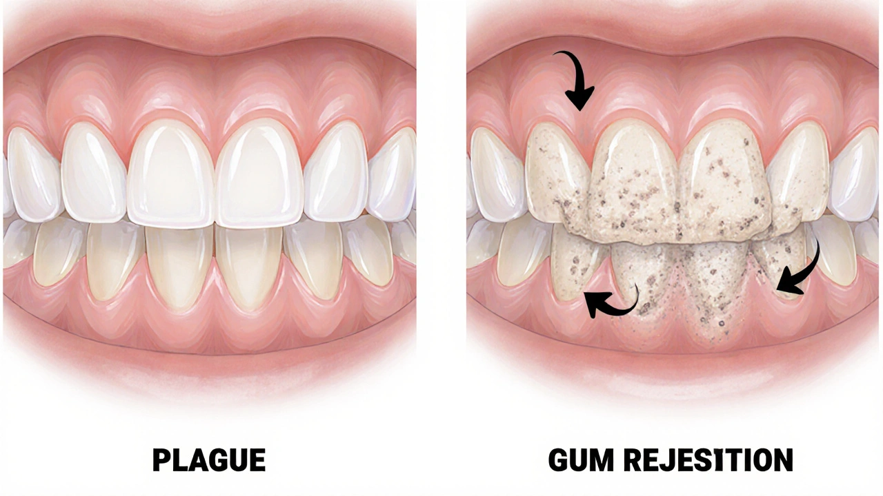 Srovnání zdravého a nemocného dásně s náznakem tvorby zubního kamene.