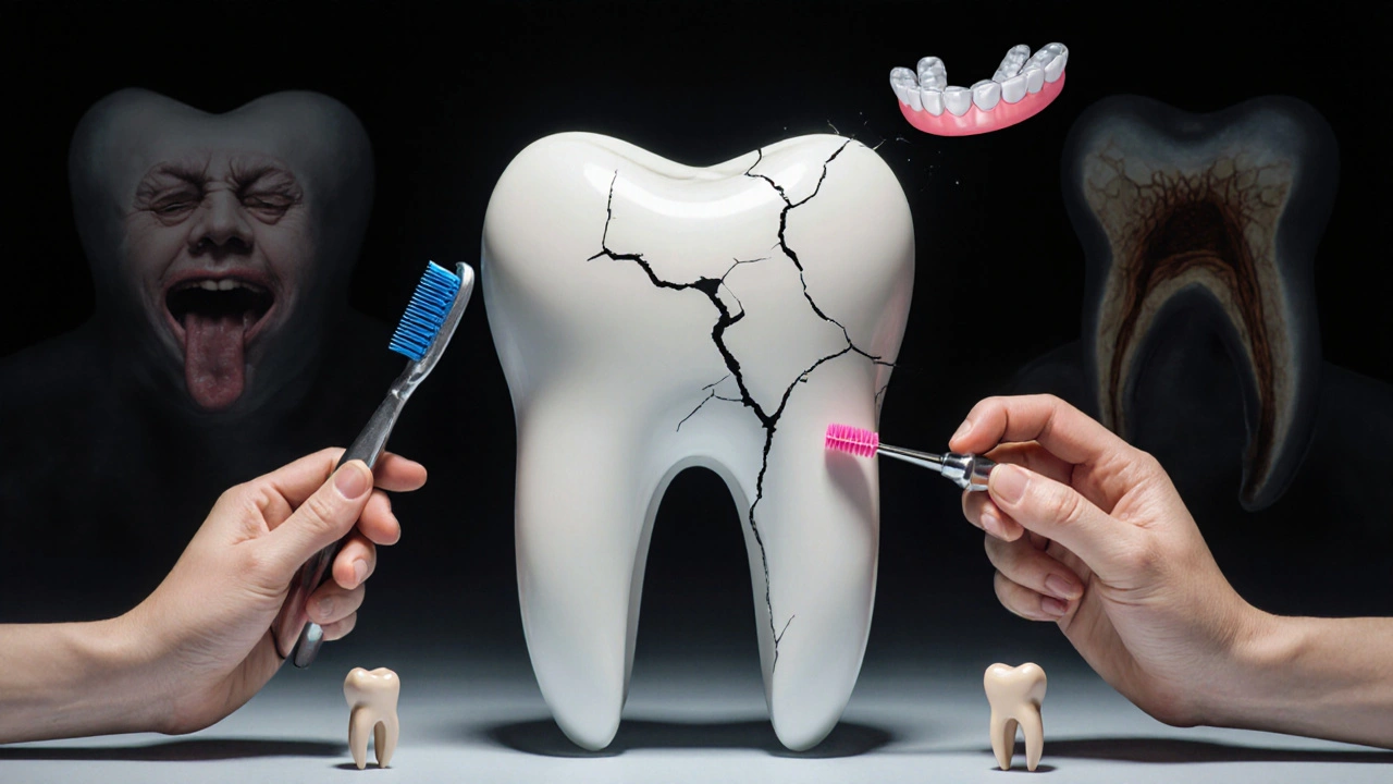 Symbolická rekonstrukce zubu pomocí zubních léčebných nástrojů, stínové příznaky v pozadí.