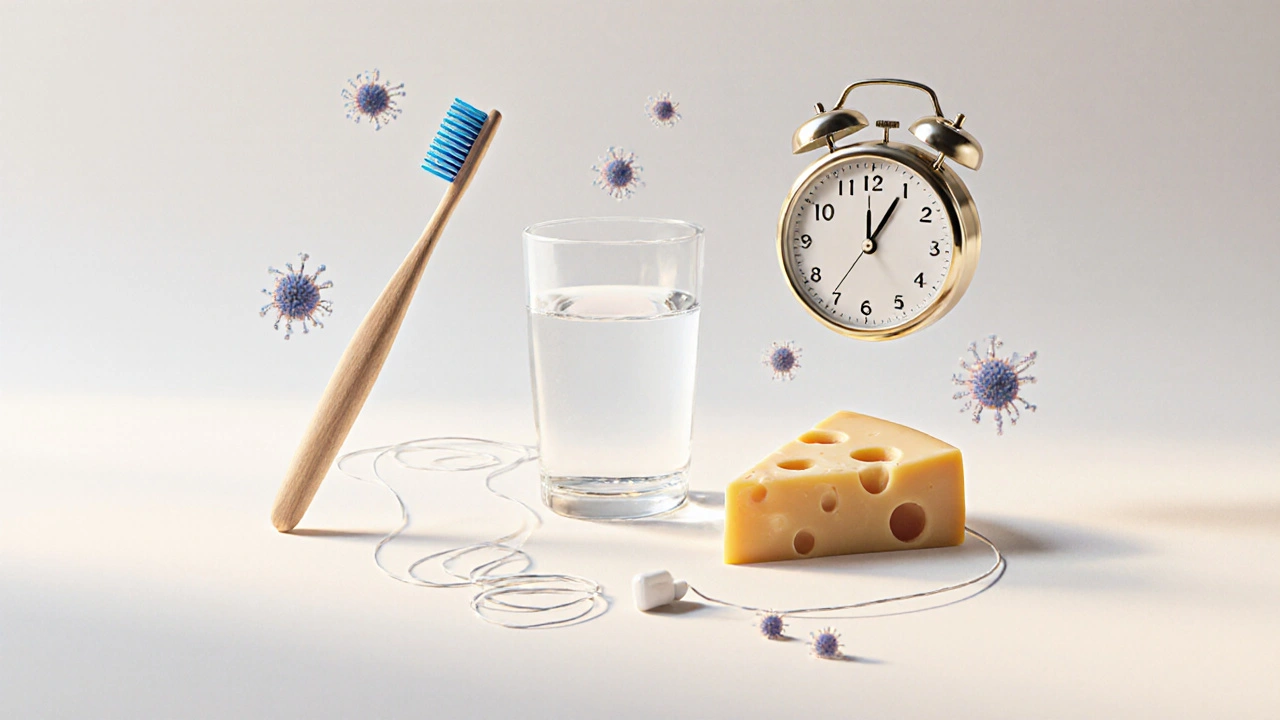 Symbolická scéna denních návyků pro zdraví zubů.