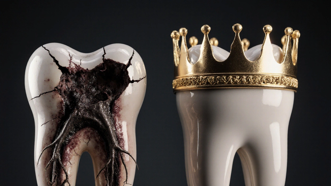 Symbolický obraz poškozeného zubu a ochranné korunky