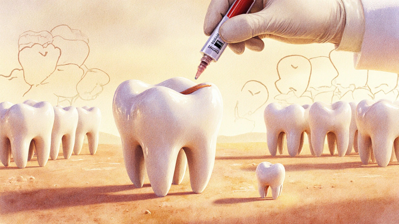 Symbolický obraz stoličky jako zubu s pěti nohama, ochraňovaného sealantem v ústech.