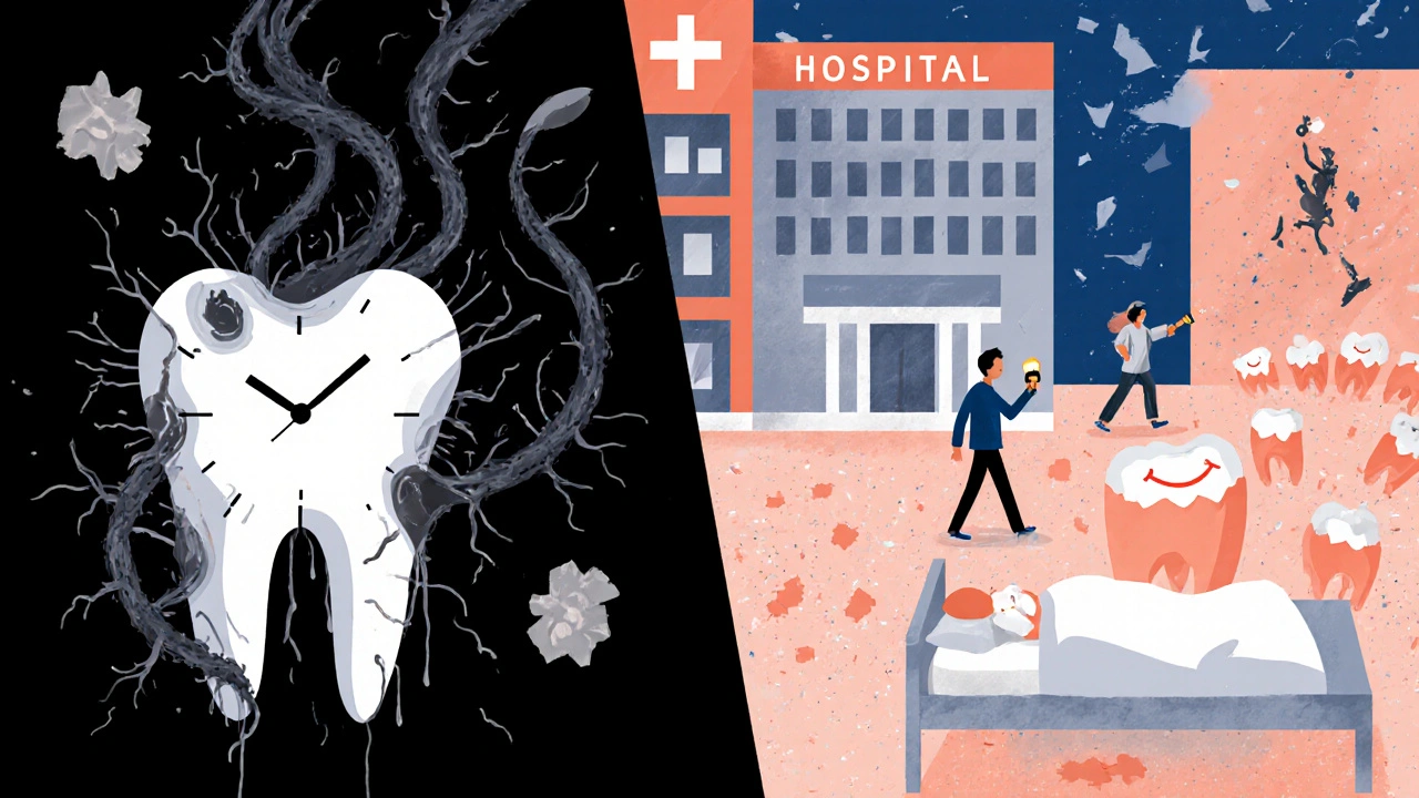 Tající hodiny nad zubem, infekce se šíří k nemocnici, postava jde k záchrannému světlu.
