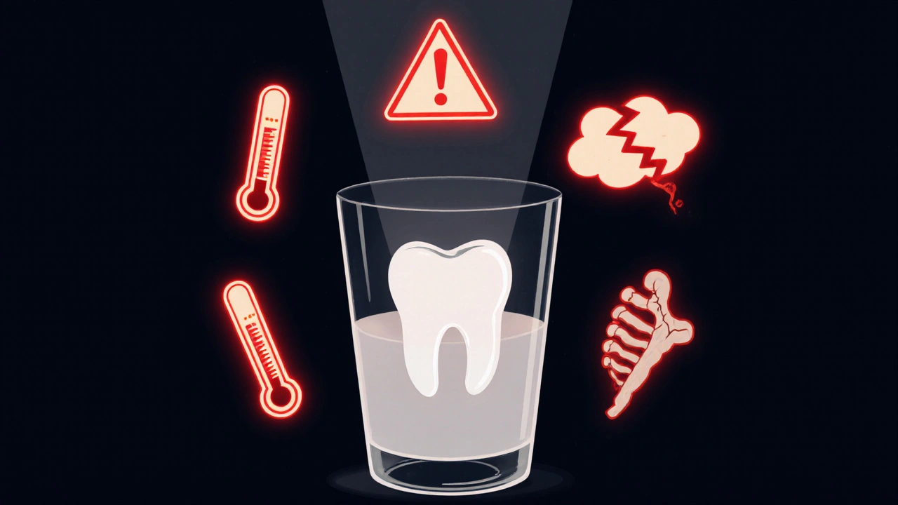 Trvalý zub v sklenici mléka s varovnými symboly infekce a horečky.