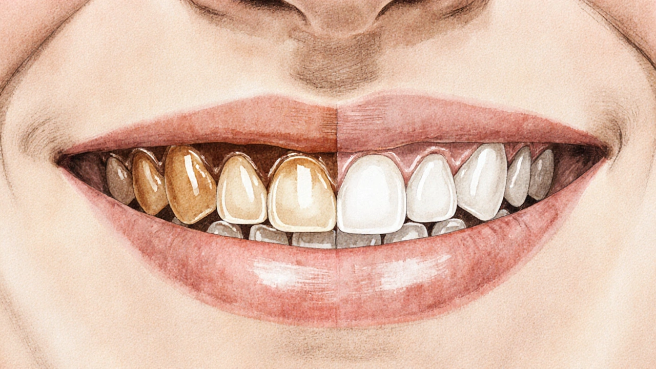 Umělecká ilustrace zubů s povrchovými skvrnami a přirozeným dentinem pod sklovinou.